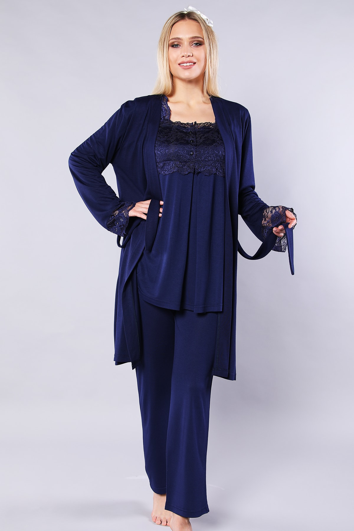 Genel Markalar Kadın Lacivert Lohusa Sabahlıklı Pijama Takım
