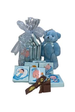 Yeni Doğan Erkek Bebek Fıstıklı Sütlü Çikolata Mavi Peluş Ayıcık Hediye 250 Gr MCZ38