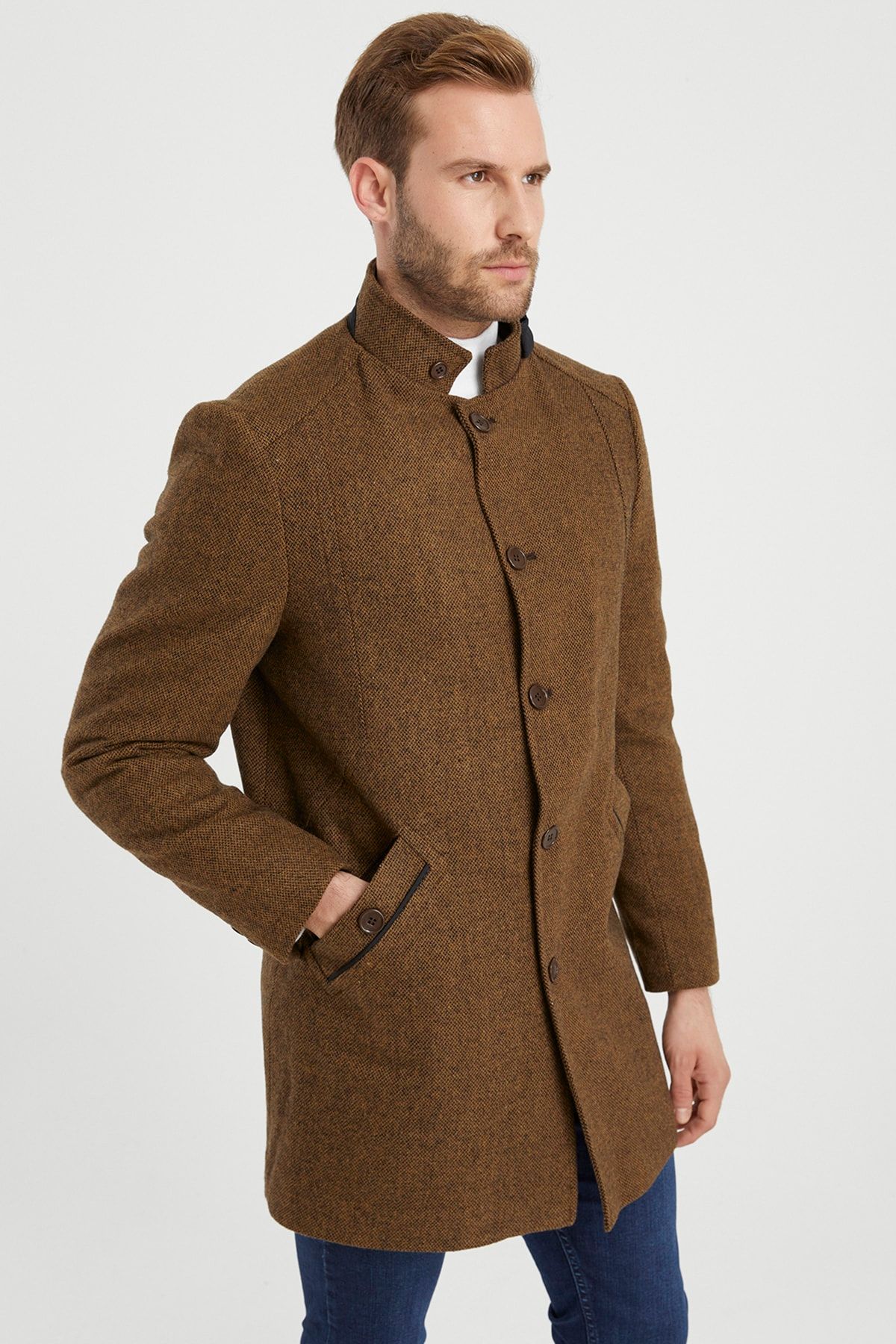 DYNAMO-Men's Mustard Wool Blended Stand Collar Stamp Coat 2