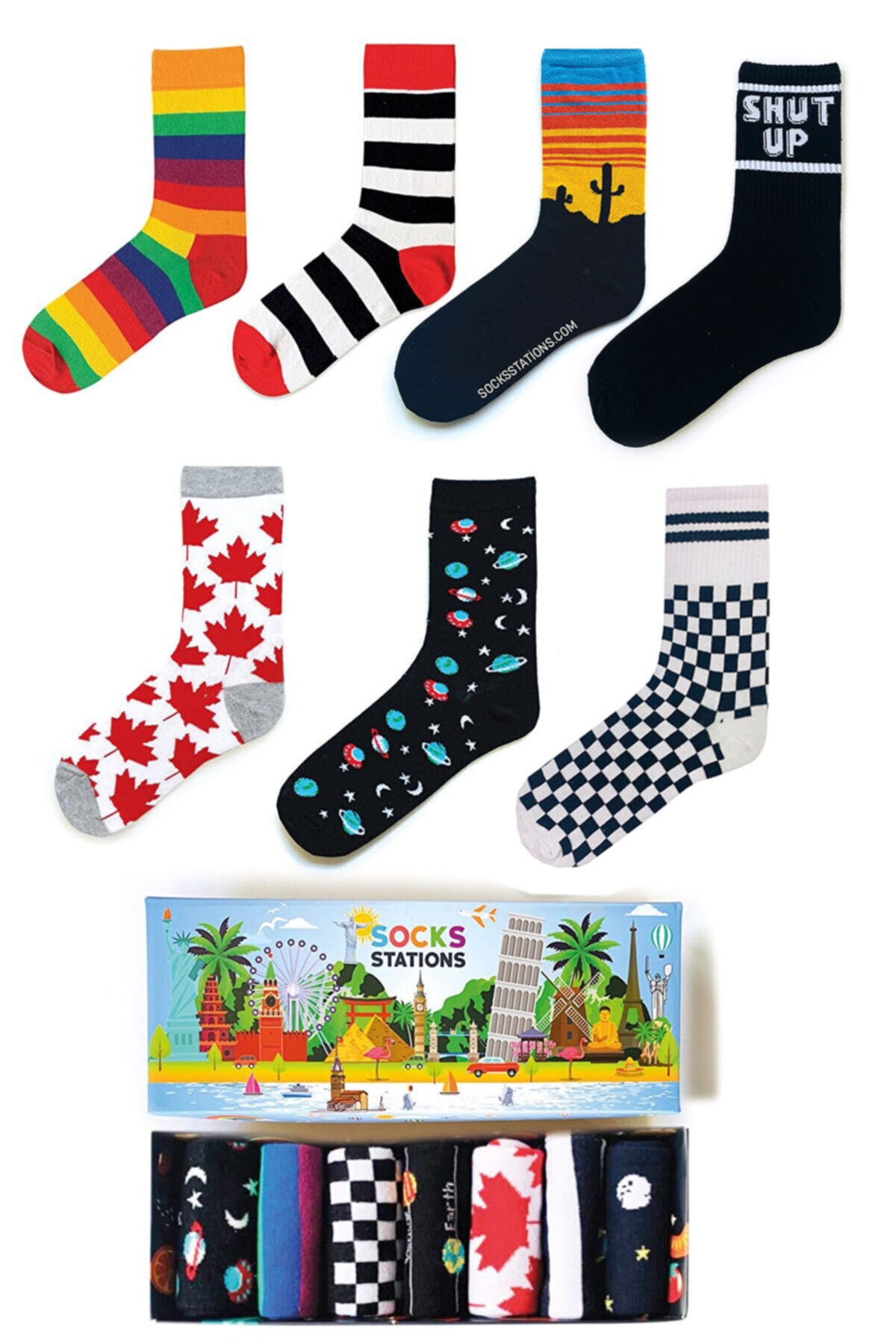 Socks Stations Unisex Renkli 7'li Karışık Renkli Çorap Kutusu 3