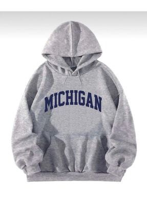 Unisex Gri Michigan Baskılı Oversize Sweatshirt Hoodie VBS-MICHIGAN-HDIE