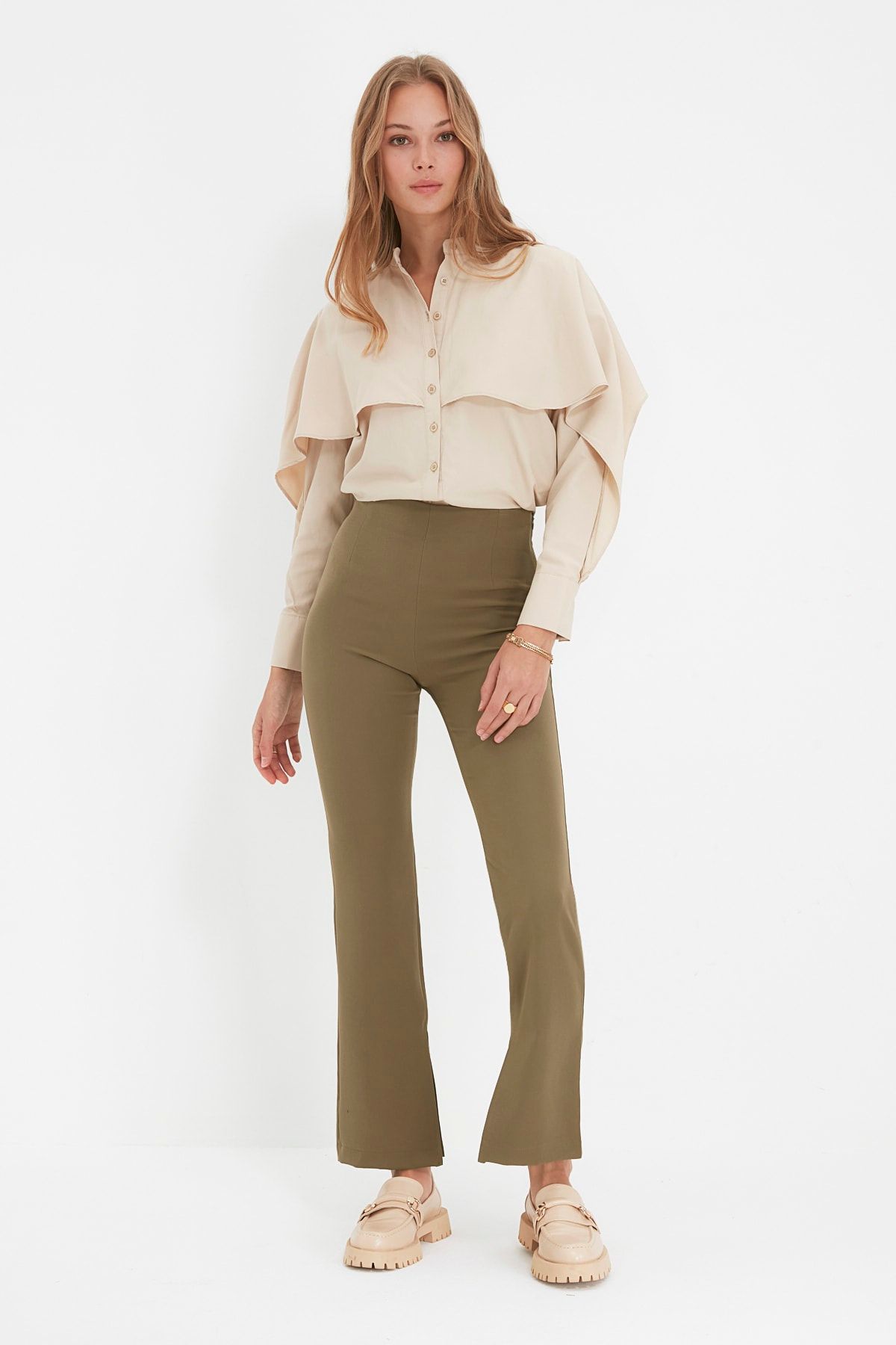 Trendyol Collection-Helle Khaki-Flare-Webhose mit hoher Taille TWOAW22PL0243 6