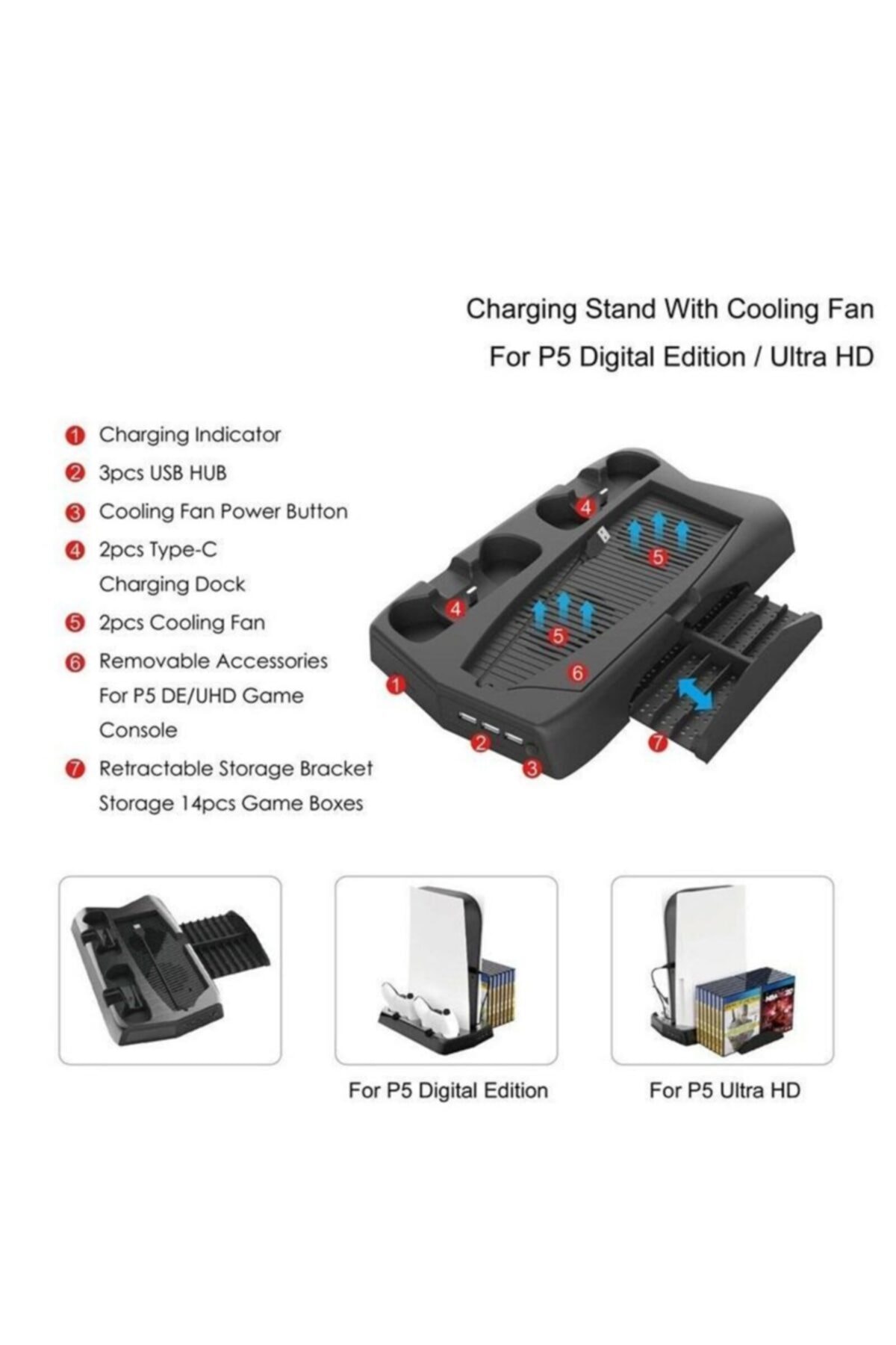 Ps5 Dikey Tutucu Fanlı -2xjoystick Şarjlı Oyun Cd Bölmeli Stand 3