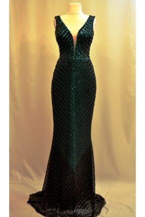 Kadın Siyah Yeşil Pul Payet Balık Model Abiye Elbise bayraklı00086
