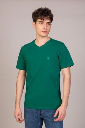 Erkek Yeşil V Yaka Kısa Kollu Basic T-shirt BS-TE0102