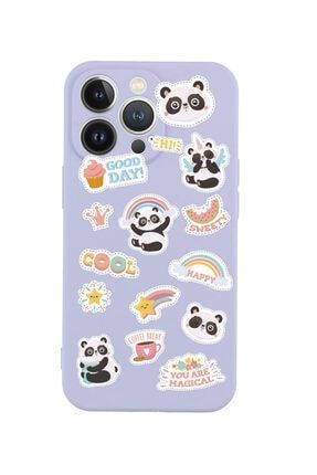 Iphone 13 Pro Sticker Panda Tasarımlı Lila Telefon Kılıfı BCIPH13PSTCKRPND