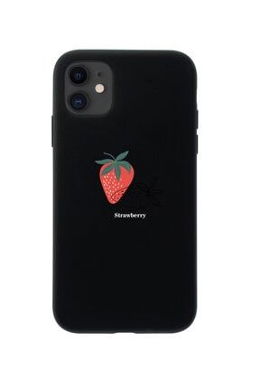 Iphone 11 Strawberry Tasarımlı Siyah Telefon Kılıfı BCIPH11STRWBERY