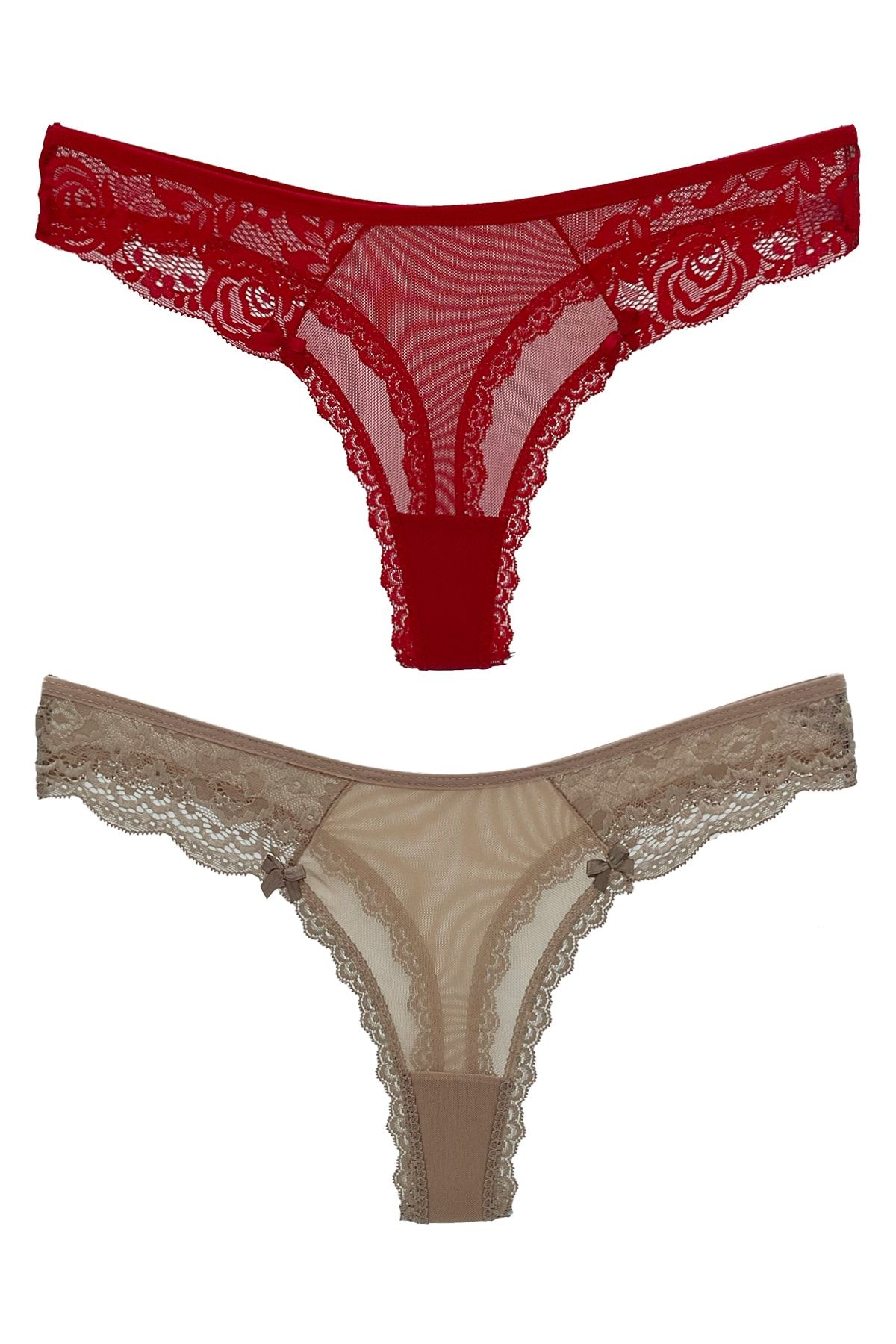 HNX 2-Piece String Women's Thong Panties with Tulle Lace Detail on