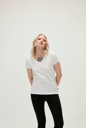 Kadın Kırık Beyaz Tişört Olıvıa V-neck Tee 21.03.07.016-C04