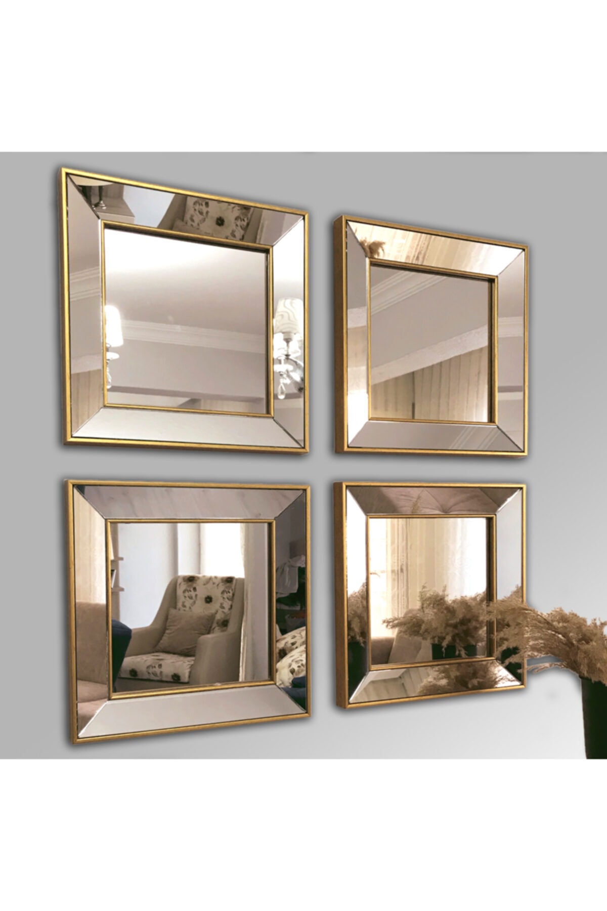 MONEayna Dekoratif Duvar Salon Ofis Çerçeveli Ayna 4'lü A100 UX8180