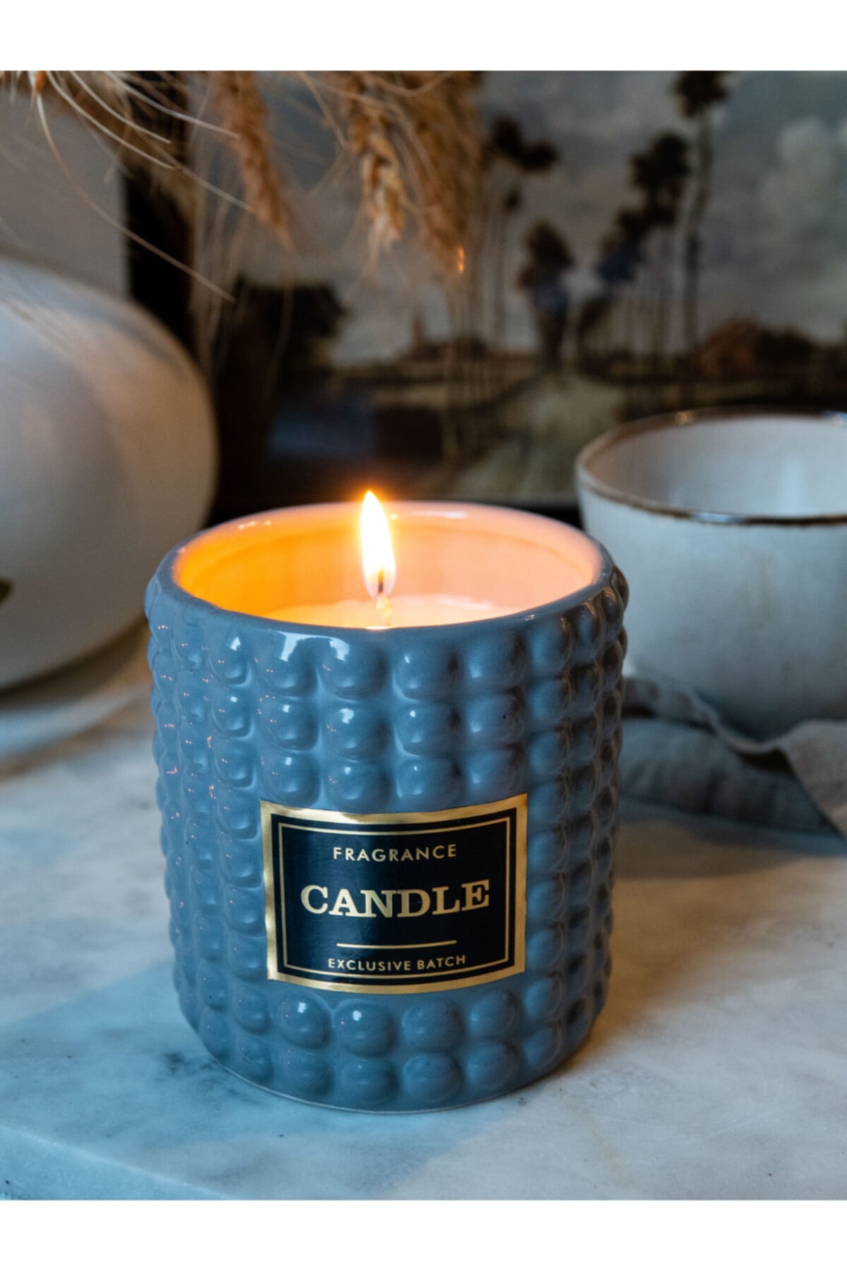 Gray Ceramic Decorative Candle Gilded Label Patchouli Scented