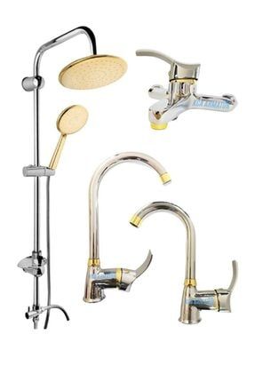 Kca Lüx Krom Gold Robot Duş Mutfak Lavabo Banyo Prime Kalite 4'lü Batarya Muslu Çeşme Set Kcakrmgldrvtdrtlst