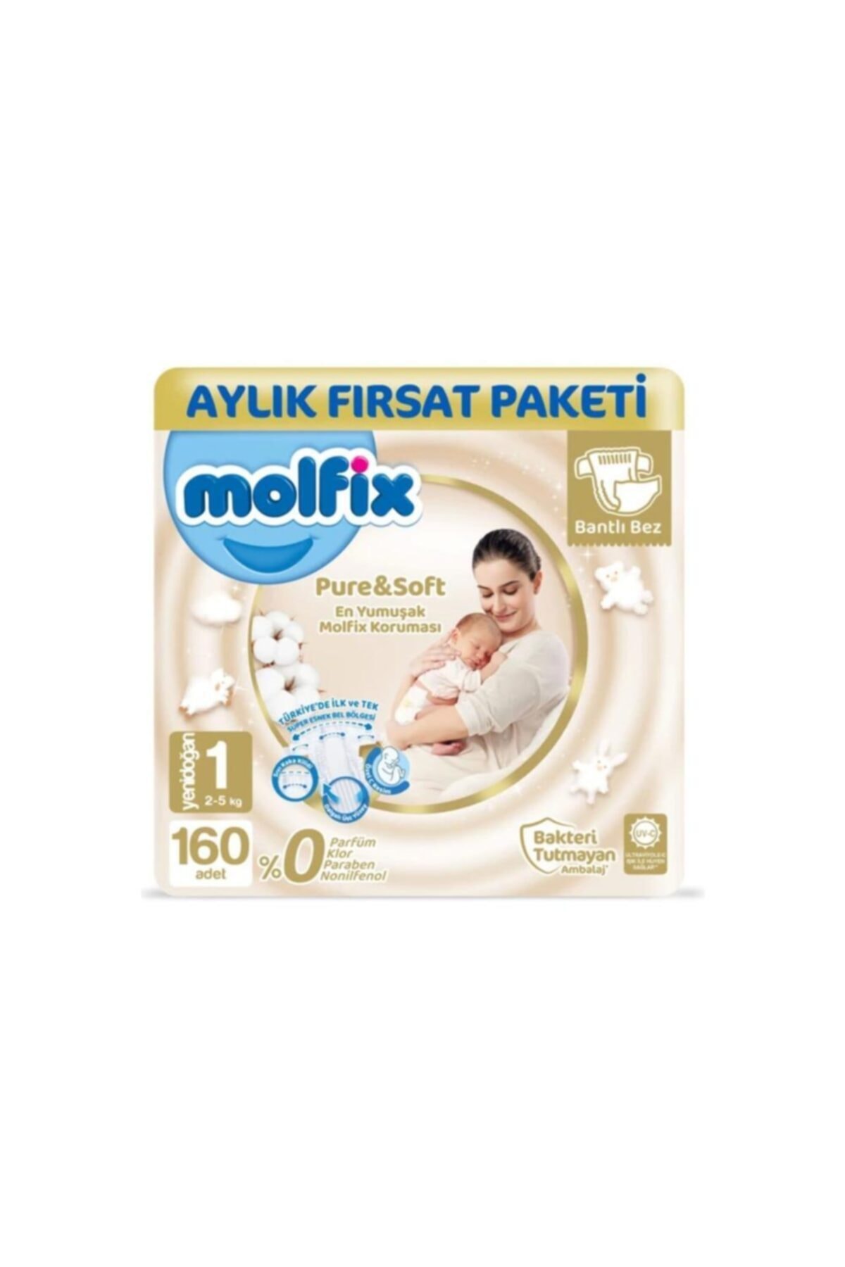 Molfix Pure Soft Bebek Bezi 1 Beden 2-5 kg 160 Adet 2 Adet Izotonik Sulu Islak Mendil