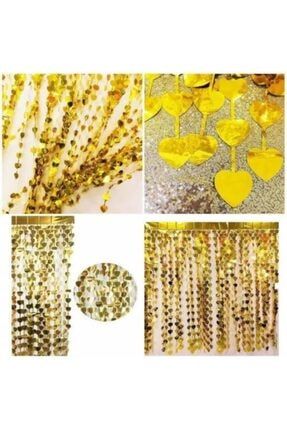 Altın Renk Kalp Şekilli Metalize Saçaklı Arka Fon Perde Dekorasyon 70658700