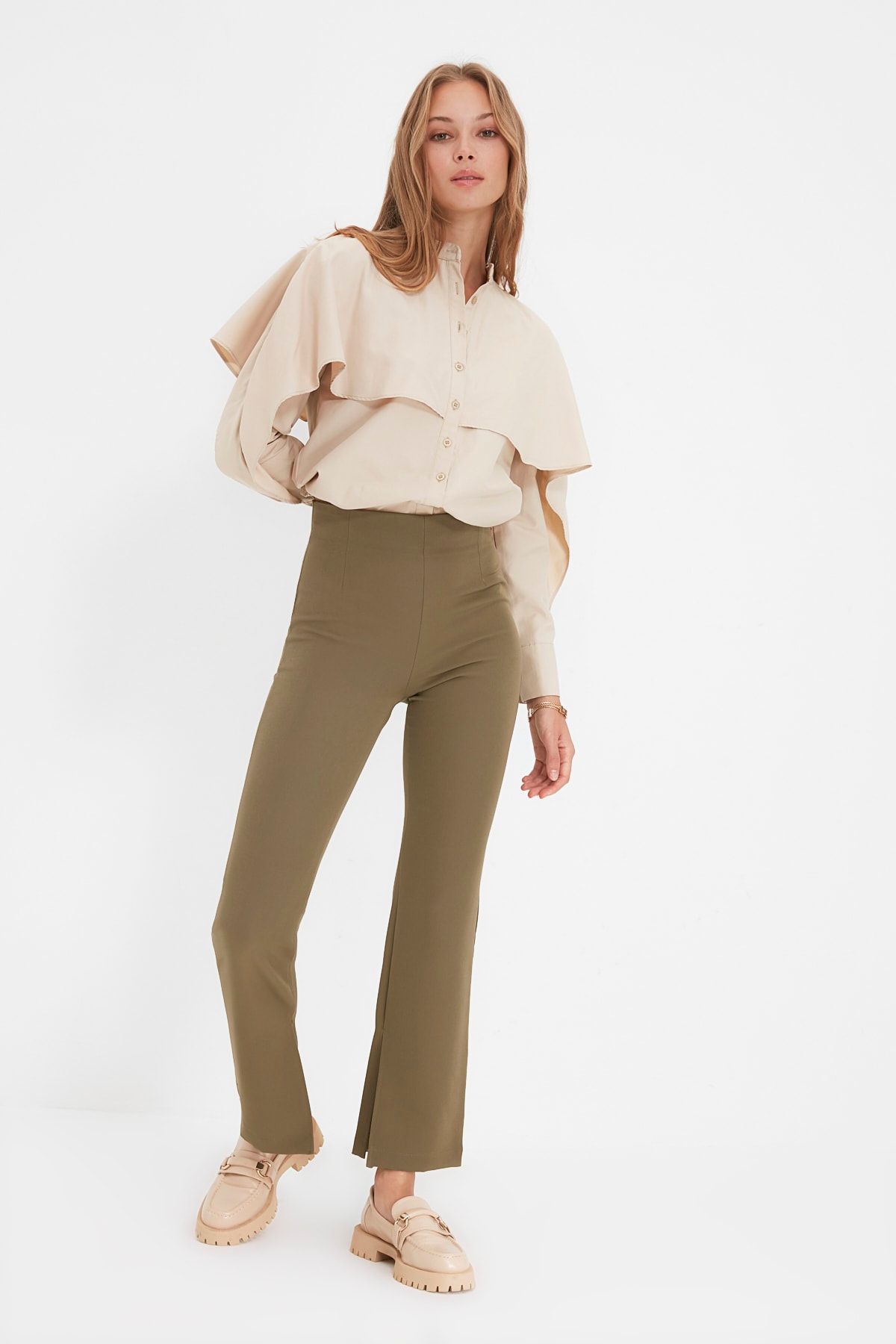 Trendyol Collection-Helle Khaki-Flare-Webhose mit hoher Taille TWOAW22PL0243 8