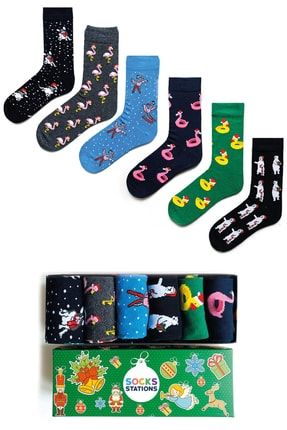 6'lı Renkli Desenli Hediye Çorap Kutusu 3 SSYILEKM6