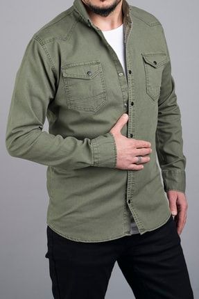Erkek Yeşil Dar Kalıp Kot Gömlek 585 ED-GOM-585-YSL