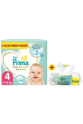 Bebek Bezi Premium Care 4 Beden 252'li 2 Aylık Fırsat Paket + Pure 3'lü Islak Havlu 126 Yaprak 3479