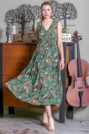 Kadın Yeşil Kruvaze Yaprak Desenli Beli Lastikli Uzun Dokuma Elbise M10160000EL95350