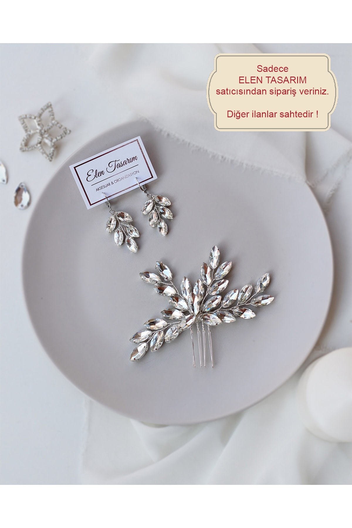 Elen Tasarım Taşlı Saç Aksesuarı Ve Takım Küpesi. Taraklı Gelin Tacı Ve Küpe Takımı
