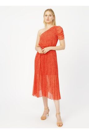 Pilise Detaylı Tek Omuz Kırmızı Desenli Elbise %100 Polyester 504498186