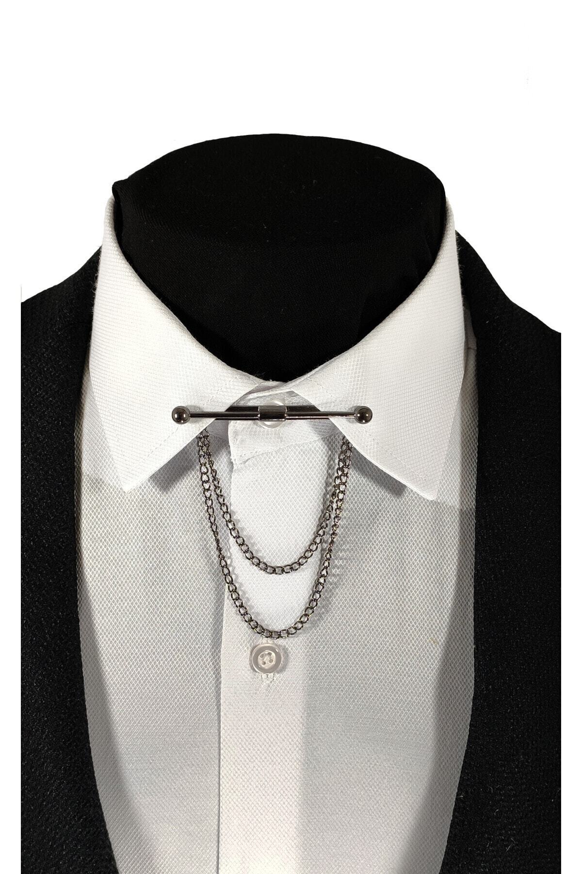 Genel Markalar Her Gömleğe Uygun Klipsli Koyu Gümüş Gri Renginde Metal Gömlek Yaka Iğnesi Yaka Zinciri