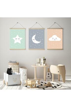 Yıldız Ay Ve Bulut Desenli Çocuk Bebek Odası Askılı Kanvas Poster Tablo APT027