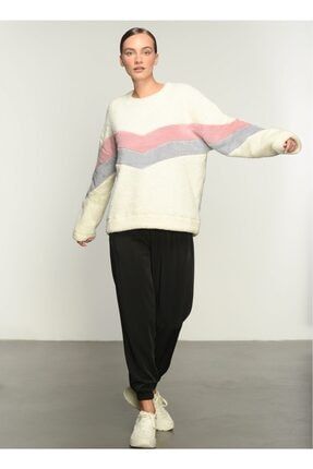 Kadın Renk Bloklu Pelluş Sweatshirt - Ekru P6741S1778