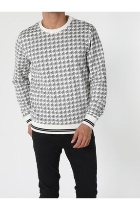 Regular Fit Kareli Baskı Kol Ve Beli Lastikli Beyaz Erkek Sweatshirt .CL1052304_Q1.V1_OFW
