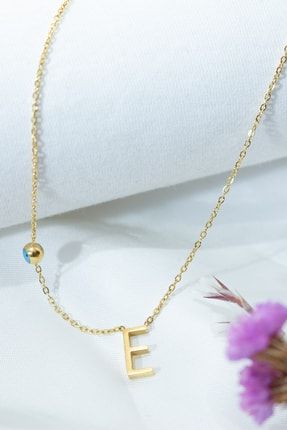 Altın Kaplama Çelik Harfli Kolye, E Harfi, 40cm 5cm Zincir Uzunluğu , Kararmaz Gold Renk SCK019