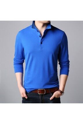 Erkek Mavi Polo Yaka Uzun Kollu Pamuklu Polo Yakalı T-shirt Hmsmlouz10112