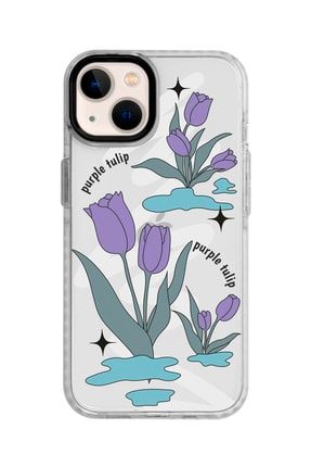 Iphone 13 Beyaz Kenarlı Anti Shock Purple Tulip Desenli Telefon Kılıfı IP13ANTI-293