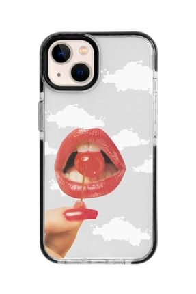 Iphone 13 Siyah Kenarlı Anti Shock Jenner Kiss Desenli Telefon Kılıfı IP13ANTI-274