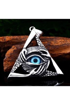 Titanyum Paslanmaz Çelik Üçgen Illuminati Mavi Göz Kolye DYSILL00288