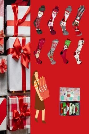 Noel Yılbaşı Yeni Yıl Neşeli Desenli 8'li Çoraplar 000129