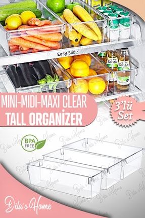 3'lü Mini-midi-maxi Tall Clear Buzdolabı & Dolap Içi Düzenleyici Organizer 3'lü Karışık Set