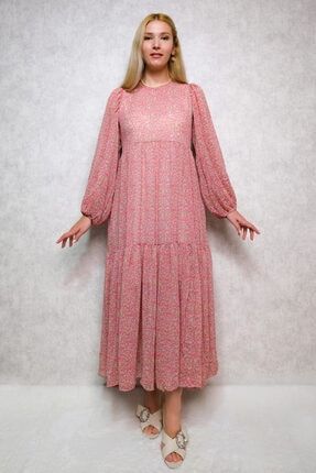 Kadın Pembe Çiçekli Uzun Şifon Elbise CCR04-VSPE