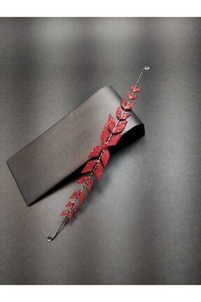 Kırmızı Kristal Taşlı Çiçek Desenli Siyah Renk Metal Gelin Saç Aksesuarı TA-MSA-08