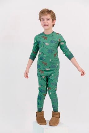 Mat Yeşil Erkek Çocuk Ribanalı Uzun Kol Pijama Takımı RP2623-C