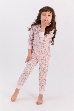 Rolypoly Toz Somon Kız Çocuk Ribanalı Pijama Takımı RP2622-C