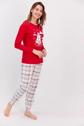 Ekoseli Kırmızı Kadın Pijama Takımı RP2600-S