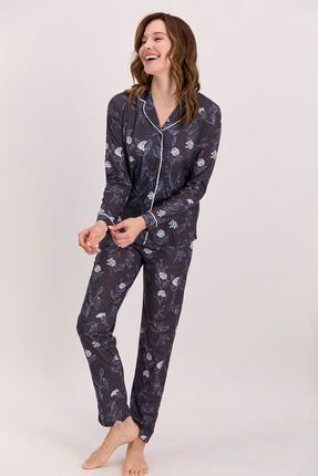 Çiçekli Lacivert Kadın Gömlek Pijama Takımı AR1488-S