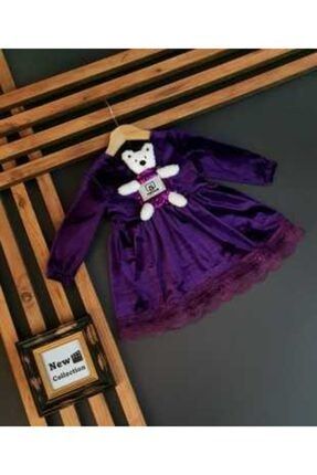 Kız Çocuk Velvet Mor Renk Peluş Ayıcık Detaylı Uzun Kol Kadife Elbise Sırt Fermuarlı Dantel Detaylı lolvelvetdress
