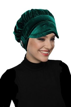 Kadife Şapka Toka Detaylı Yeşil Hazır Türban Tesettür Bone FDN888-115
