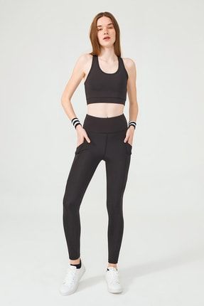 Dikişsiz (seamless) Cepli Activewear Spor (yoga, Pilates, Koşu) Siyah Cepli Tayt Ve Sport Bra Set EMWS10007