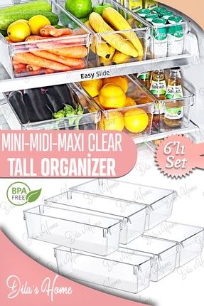 6'lı Mini-midi-maxi Tall Clear Buzdolabı & Dolap Içi Düzenleyici Organizer 6'lı Lüks Clear Set