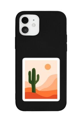 Iphone 12 Uyumlu Desert Cactus Tasarımlı Siyah Lansman Telefon Kılıfı iPhone12amz-lns-008