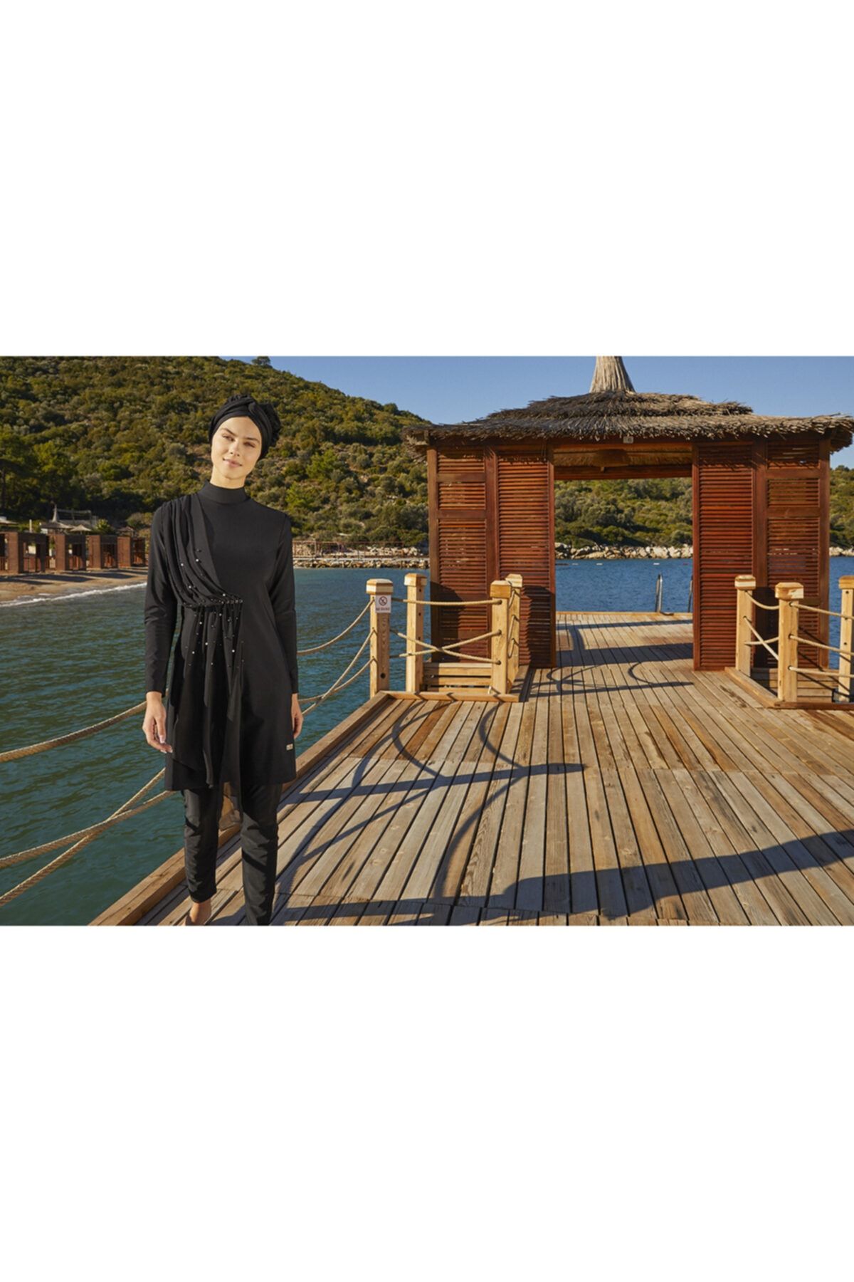 Adasea-Black Hijab SwimsuiT - Lycra, Tulle Pearl DeTail, Full Covered 4248 4