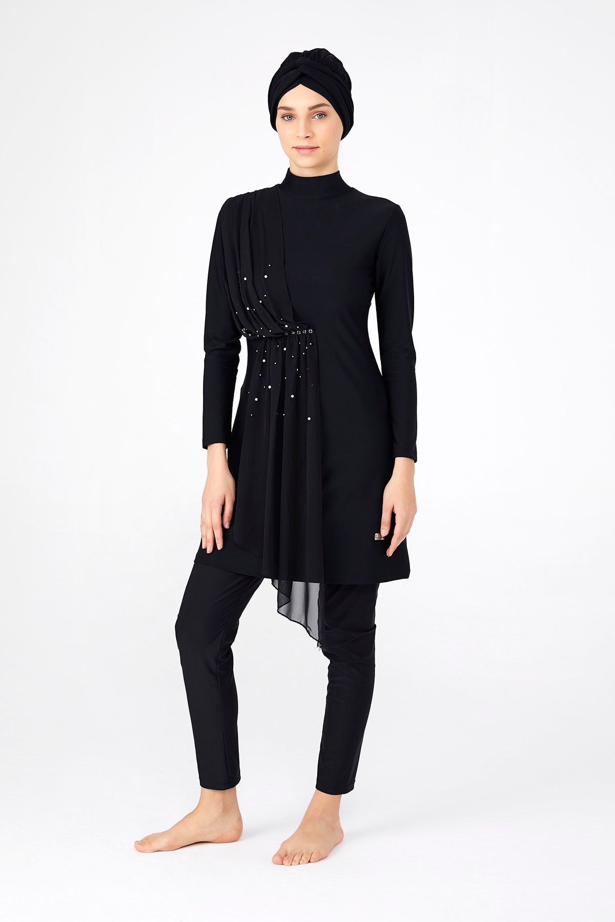Adasea-Black Hijab SwimsuiT - Lycra, Tulle Pearl DeTail, Full Covered 4248 5