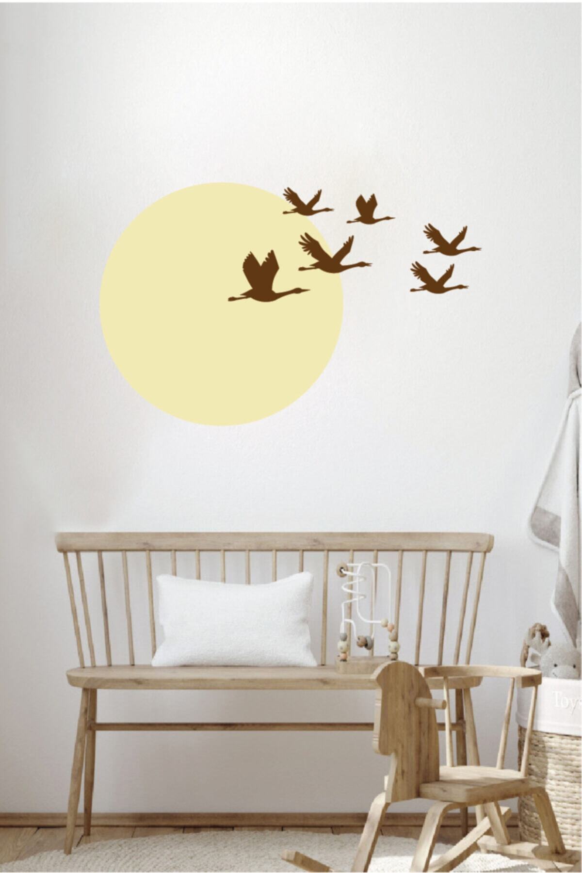 Günbatımı Kuşlar5 Duvar Sticker Dekoratif Duvar Çıkartma Sticker Krem Kahverengi Kombin Siyah 50 X 5